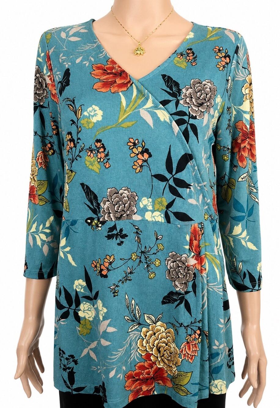 Christopher & Banks Women’s Floral Faux Wrap Tunic Blouse Blue Size S NWT